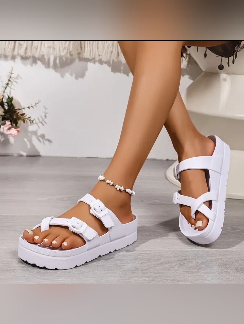 White Double-Buckle Platform Sandals